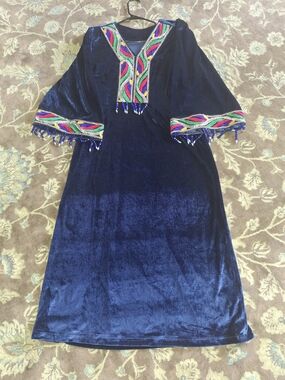 Brand New Royal Blue Silk Velvet Afghan Dress / Kaftan with Embroidery
